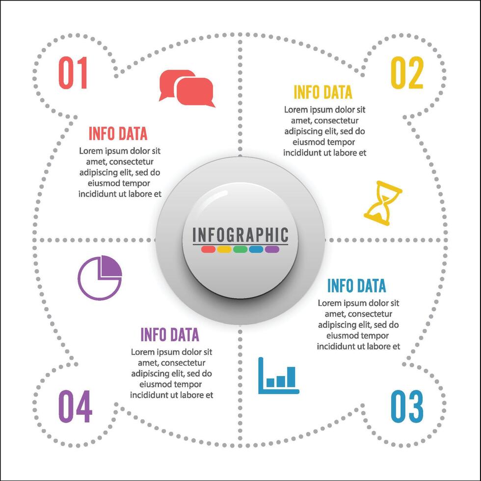 plantilla de círculo infográfico vectorial con 4 pasos, partes, opciones, sectores, etapas. se puede utilizar para gráficos, gráficos circulares, diseño de flujo de trabajo, diagrama de ciclo, folleto, informe, presentación. vector