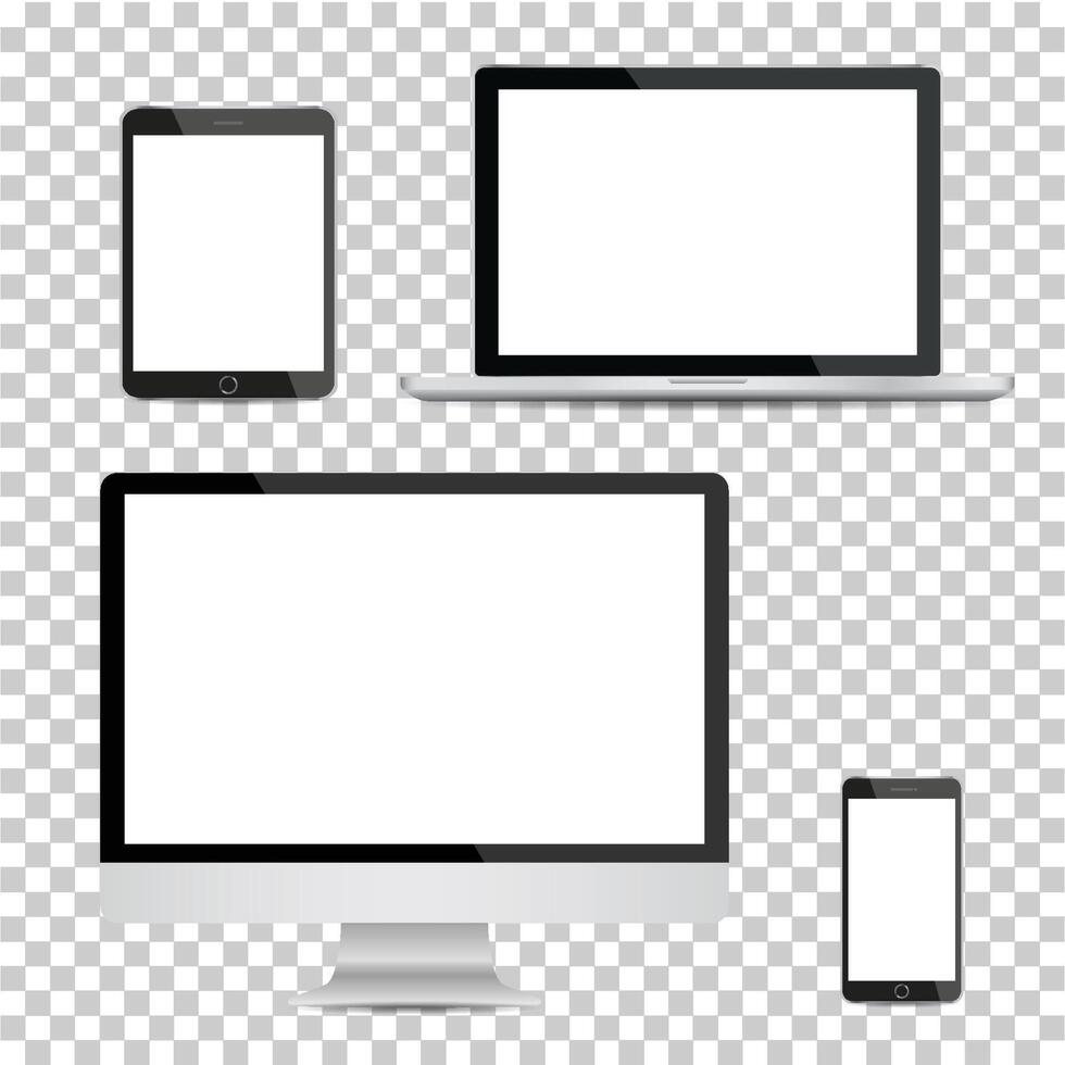 Set of realistic computer monitor, laptop, tablet and mobile phone with empty white screen. Various modern electronic gadget on isolate background. Vector illustration EPS10