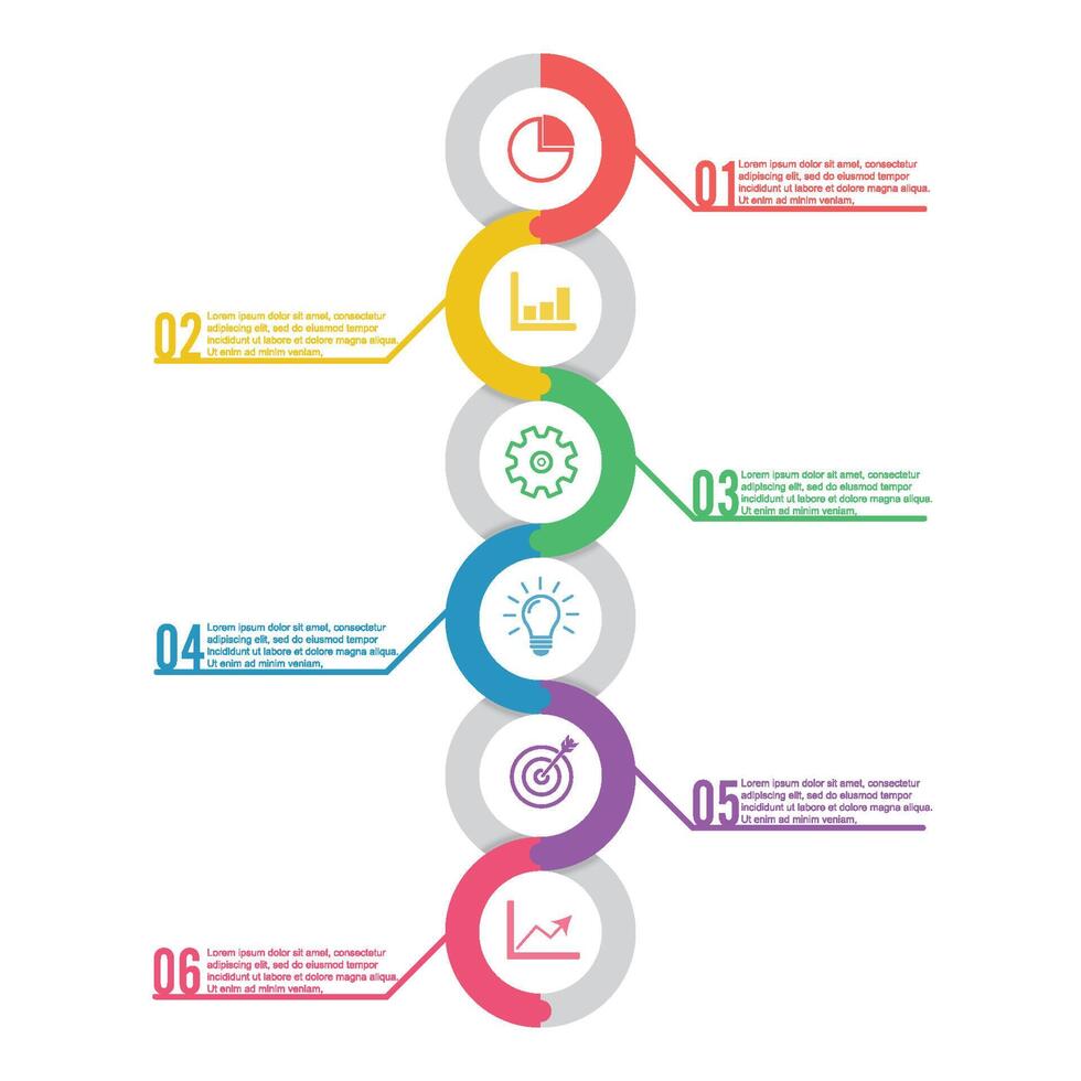 Template Timeline Infographic colored horizontal numbered for six position can be used for workflow, banner, diagram, web design, area chart vector