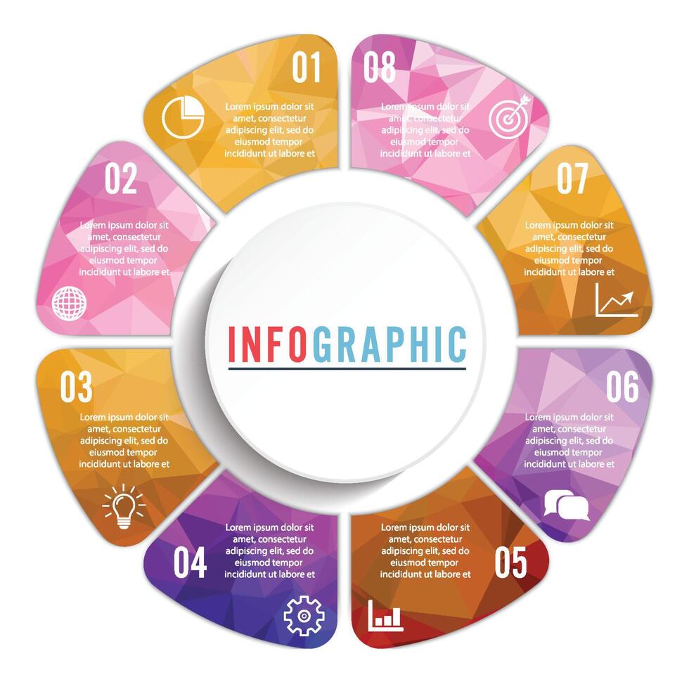 Vector connected polygon infographic diagram. Circular chart with 8 options. Paper progress steps for tutorial. Business concept sequence banner. EPS10 eight parts puzzle workflow layout.