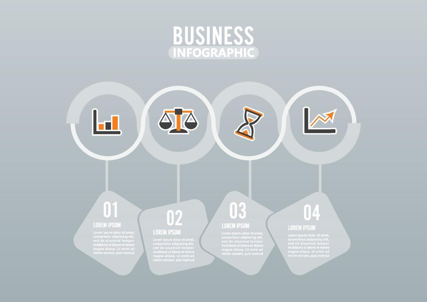 El vector de diseño de infografías de cuatro pasos y los iconos de marketing se pueden utilizar para el diseño de flujo de trabajo, diagrama, informe, diseño web. concepto de negocio con opciones, pasos o procesos.