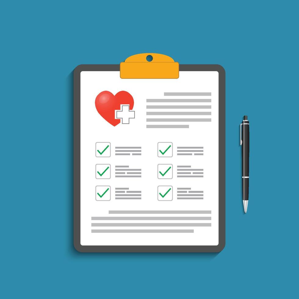 Clipboard with medical cross and pen. Clinical record, prescription, claim, medical check marks report, health insurance concepts. Premium quality. Modern flat design graphic elements. vector