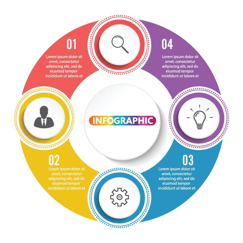 plantilla de círculo infográfico vectorial con 4 pasos, partes, opciones, sectores, etapas. se puede utilizar para gráficos, gráficos circulares, diseño de flujo de trabajo, diagrama de ciclo, folleto, informe, presentación. vector