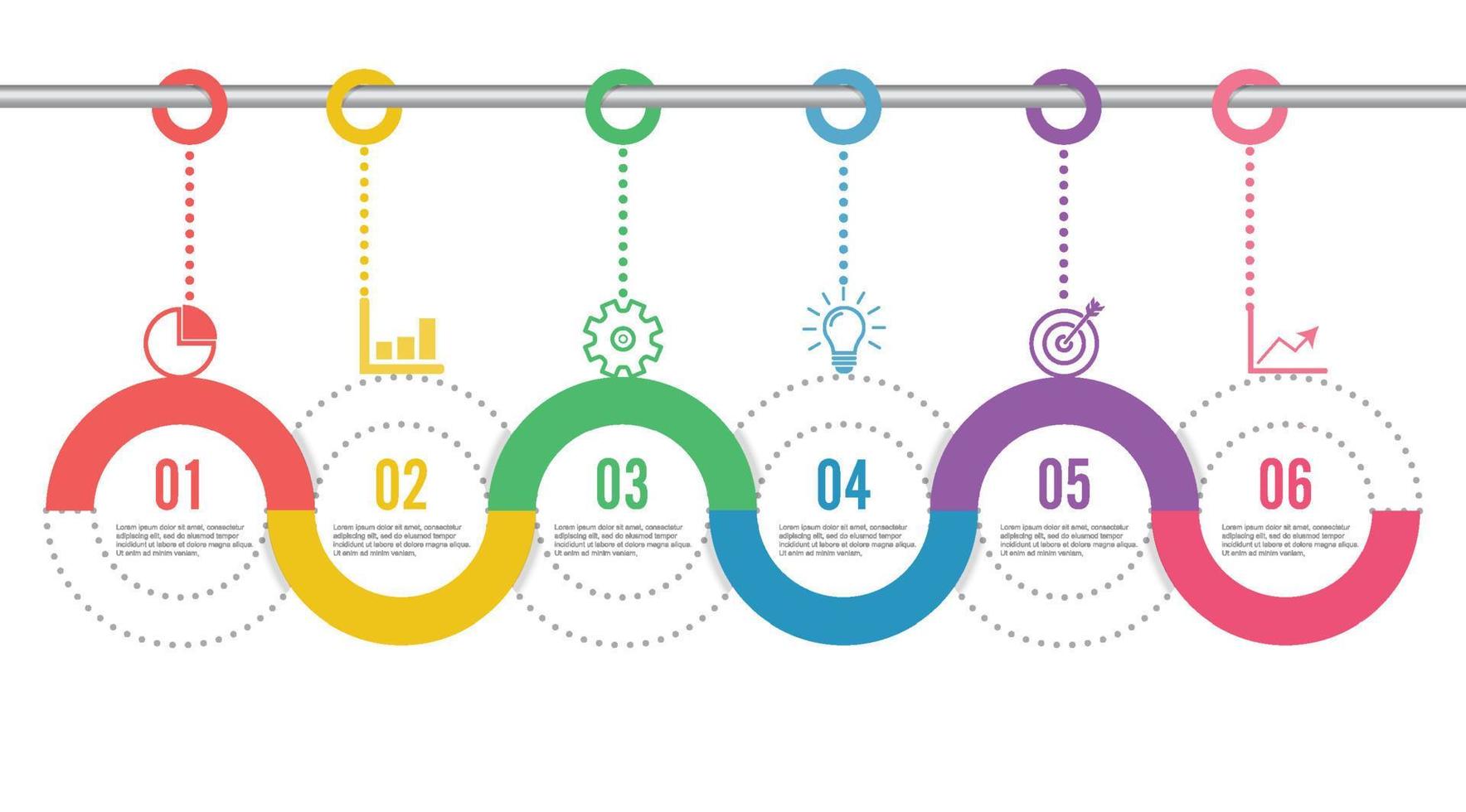 la línea de tiempo de plantilla infográfica de color horizontal numerada para seis posiciones se puede utilizar para flujo de trabajo, banner, diagrama, diseño web, gráfico de área vector