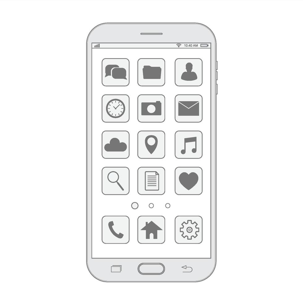 Outline drawing smartphone. Elegant thin line style design. Vector smartphone with UI icons.