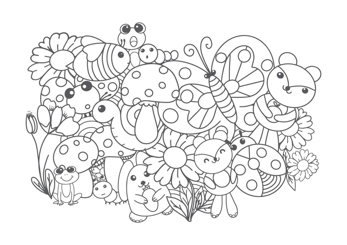 dibujo lineal vectorial, conjunto de lindas ilustraciones para niños. animales, cerveza, rana, gusano, mariposa, abeja, caracol, mariquita, conejo. vector