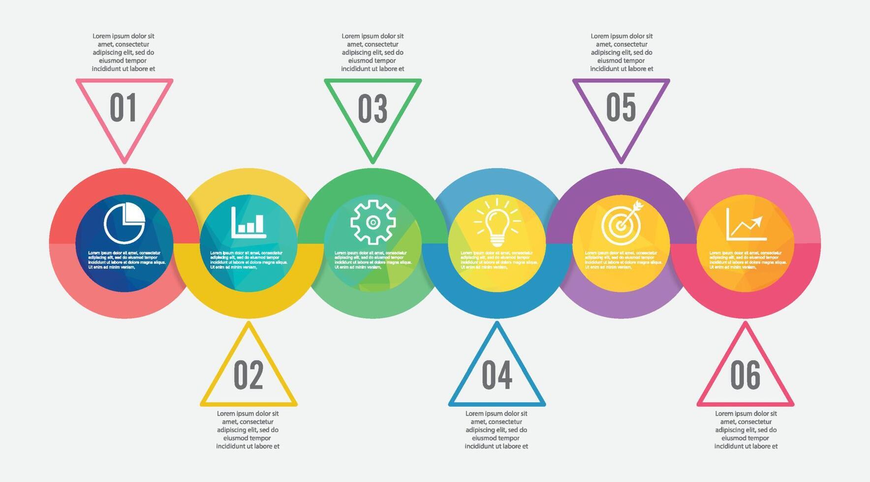 la línea de tiempo de plantilla infográfica de color horizontal numerada para seis posiciones se puede utilizar para flujo de trabajo, banner, diagrama, diseño web, gráfico de área vector