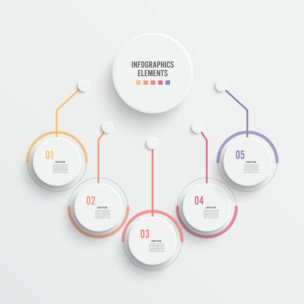 plantilla infográfica vectorial con etiqueta de papel 3d, círculos integrados. concepto de negocio con cinco opciones. para contenido, diagrama, diagrama de flujo, pasos, partes, infografías de línea de tiempo, diseño de flujo de trabajo, gráfico. vector