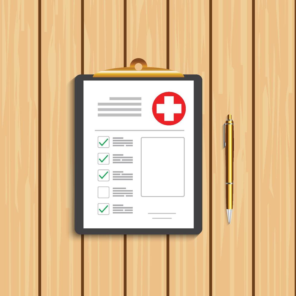Clipboard with medical cross and gold pen. Clinical record, prescription, claim, medical check marks report, health insurance concepts. Premium quality. Modern flat design graphic elements. vector