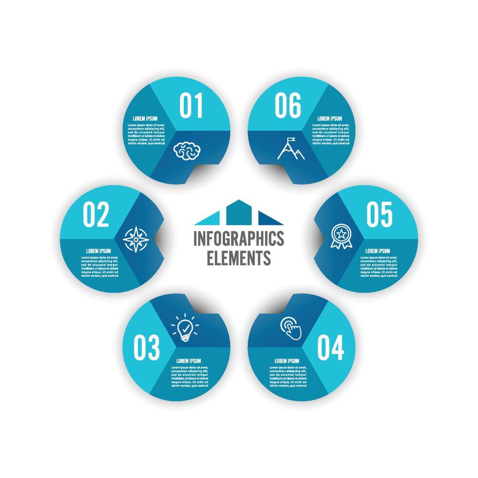 Vector illustration infographics 6 options. Template for brochure, business, web design. For content, diagram, flowchart, steps, parts, timeline infographics, workflow layout.