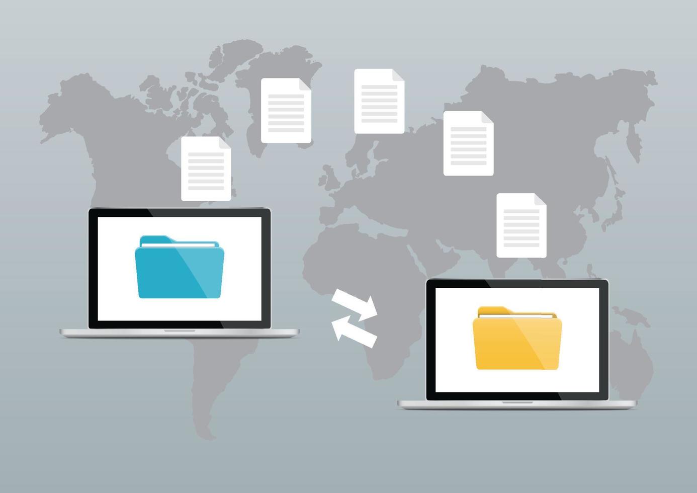 transferencia de archivos. dos portátiles con carpetas en pantalla y documentos transferidos. copiar archivos, intercambio de datos, copia de seguridad, migración de PC, conceptos de intercambio de archivos. elementos gráficos de diseño plano. ilustración vectorial vector