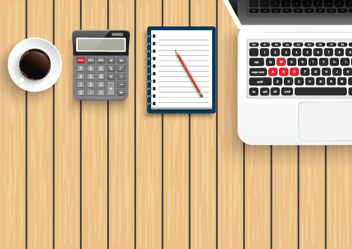 Realistic workplace desktop. Top view desk table on wood. With metal pencil, mobile smartphone, coffee, calculator and laptop. Vector illustration.