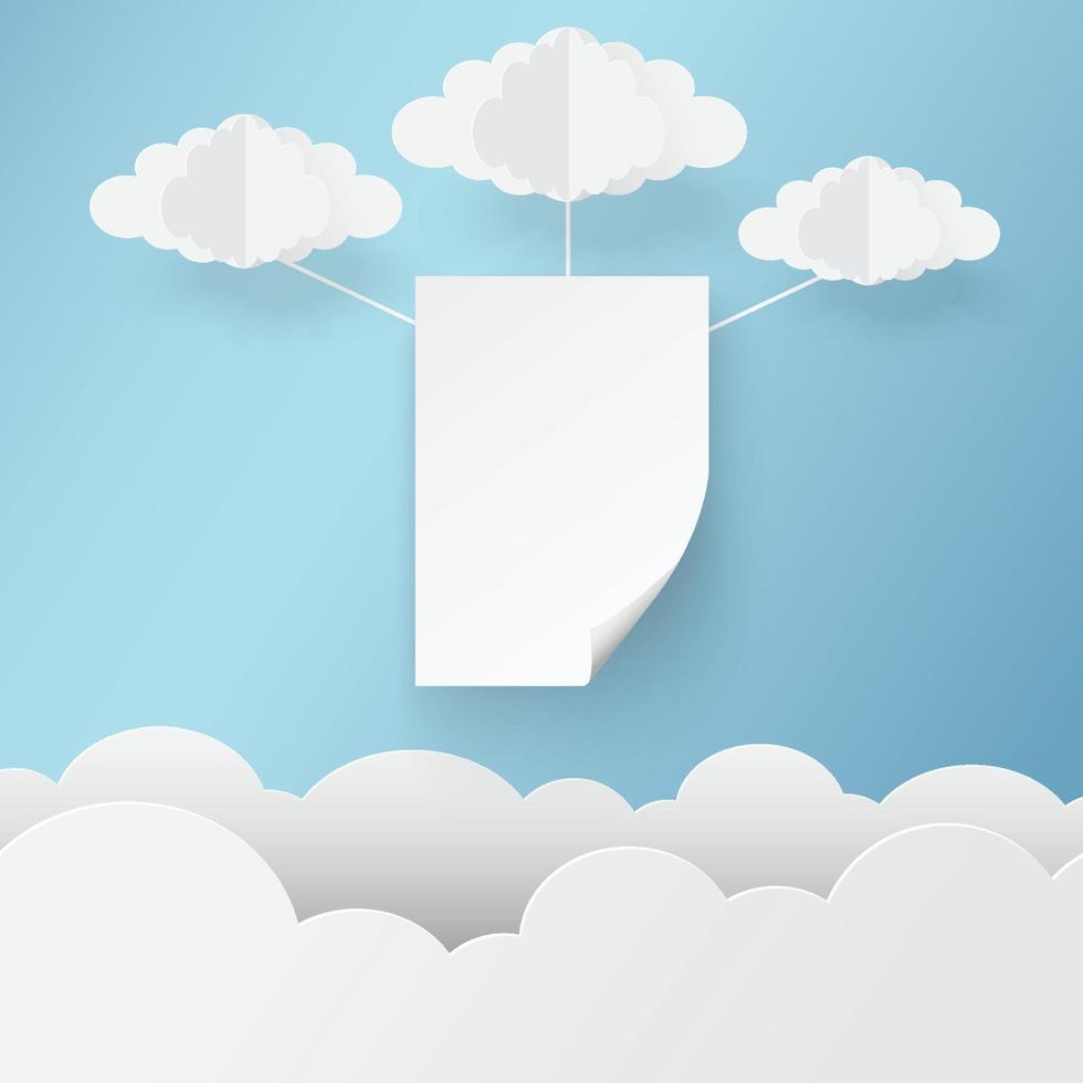 Paper art of white paper on sky with clouds, template for text and label, vector art and illustration.