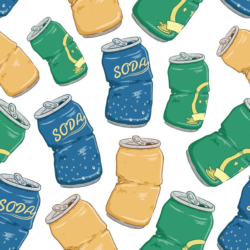 seamless pattern soda or beer can with colored hand drawn style vector