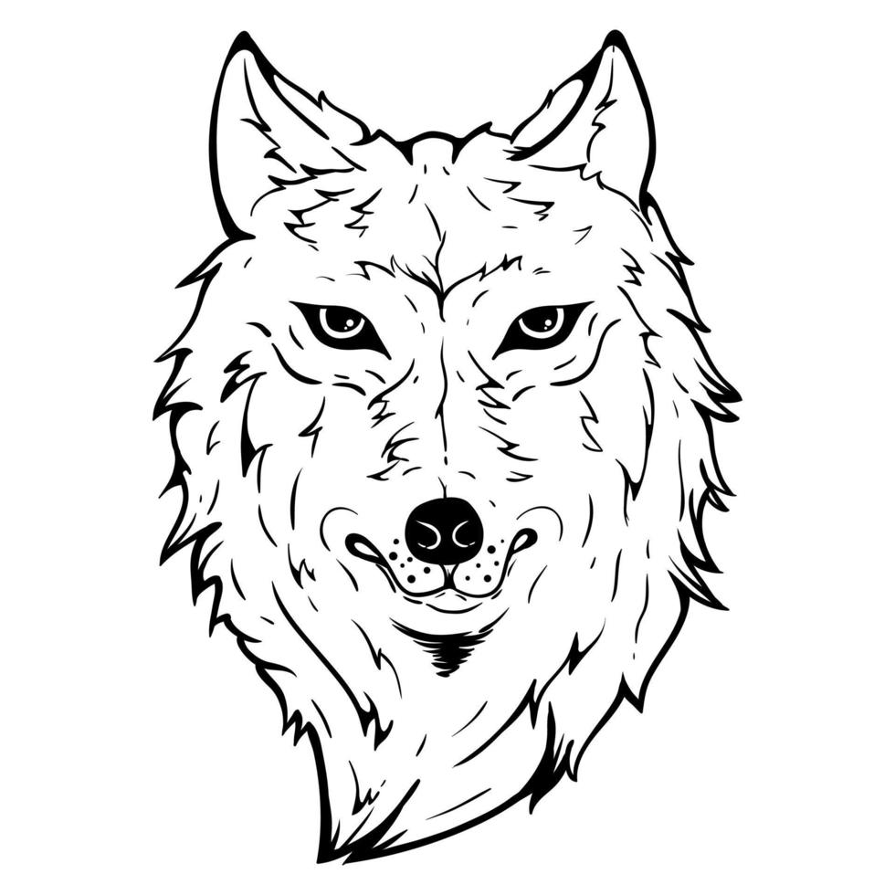 black and white wolf head design with hand drawn style vector