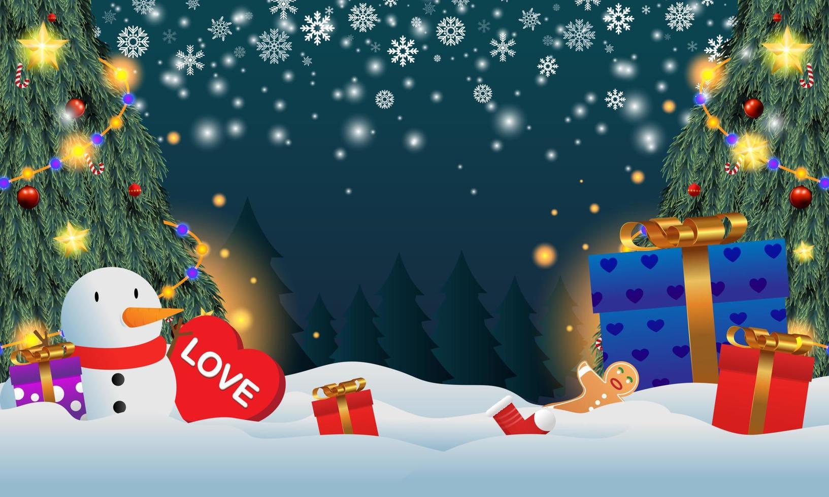 Gifts placed under the Christmas tree. Santa's gift in the snow. Various gifts such as teddy bears, gift boxes and candies. vector