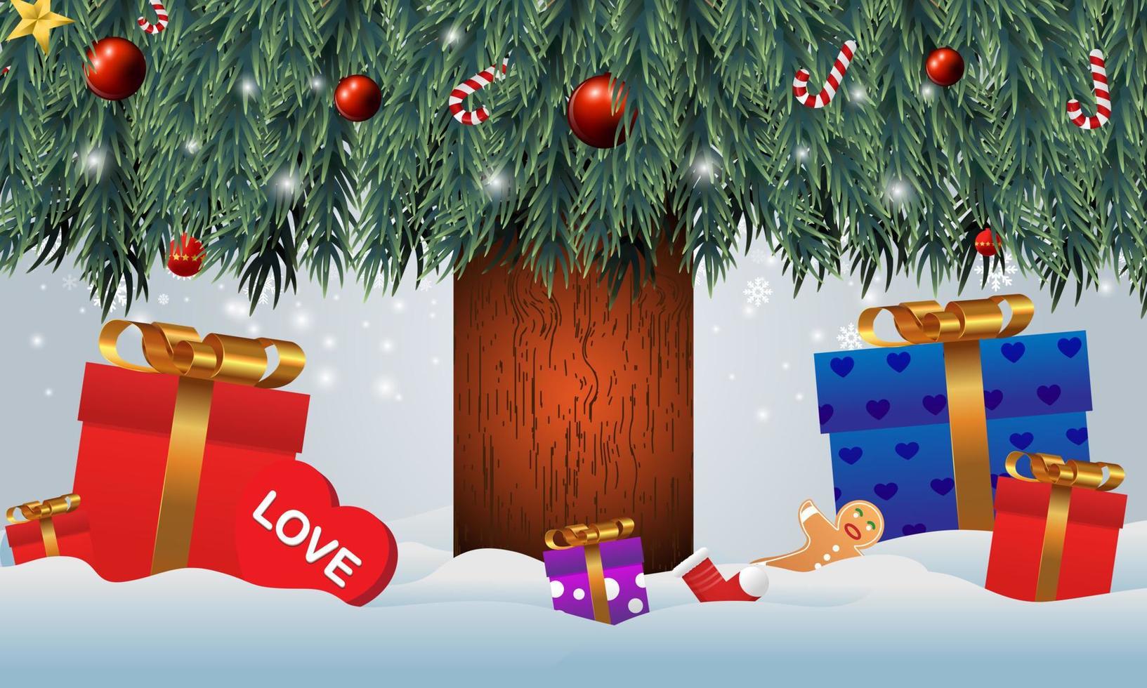 Gifts placed under the Christmas tree. Santa's gift in the snow. Various gifts such as teddy bears, gift boxes and candies. vector