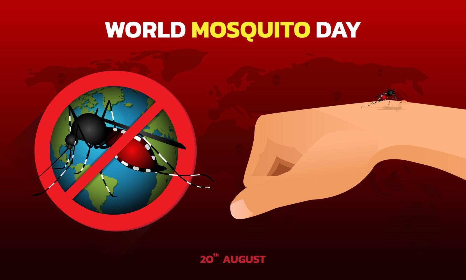 vector de mosquito con fondo de mapa mundial, día mundial del mosquito, día de la malaria, fiebre del dengue.