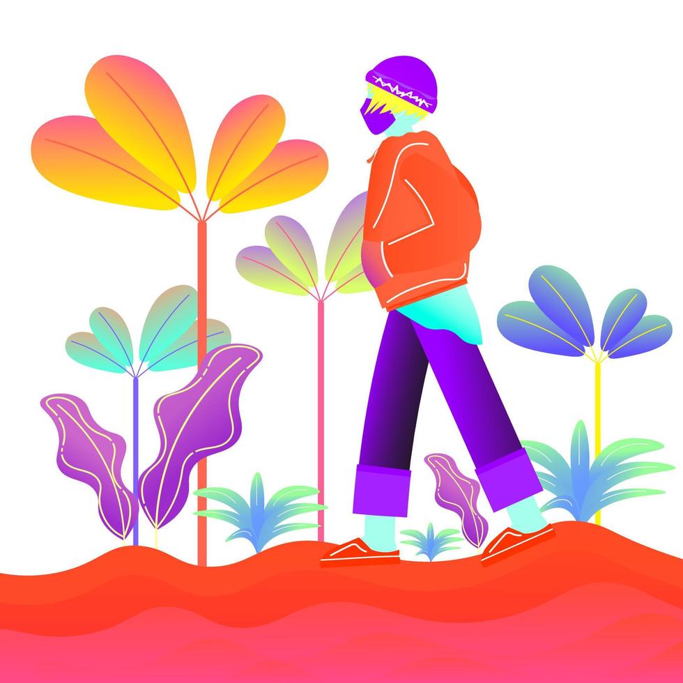 Vector illustration of a person wearing a face mask walking alone in the park