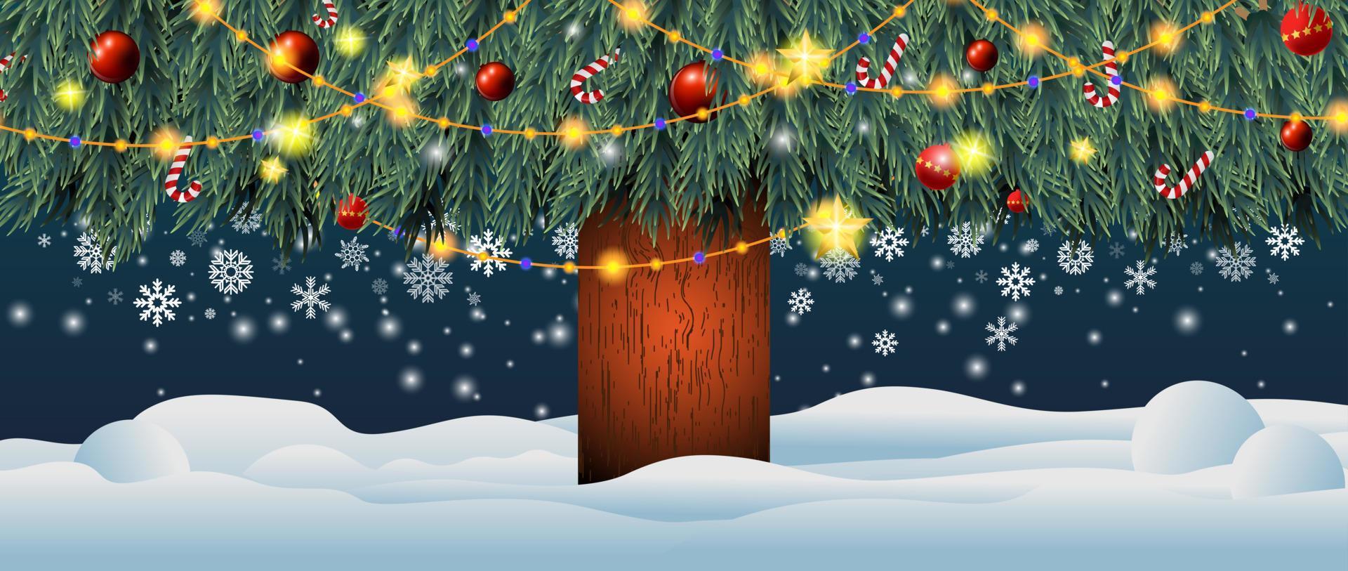 Gifts placed under the Christmas tree. Santa's gift in the snow. Various gifts such as teddy bears, gift boxes and candies. vector