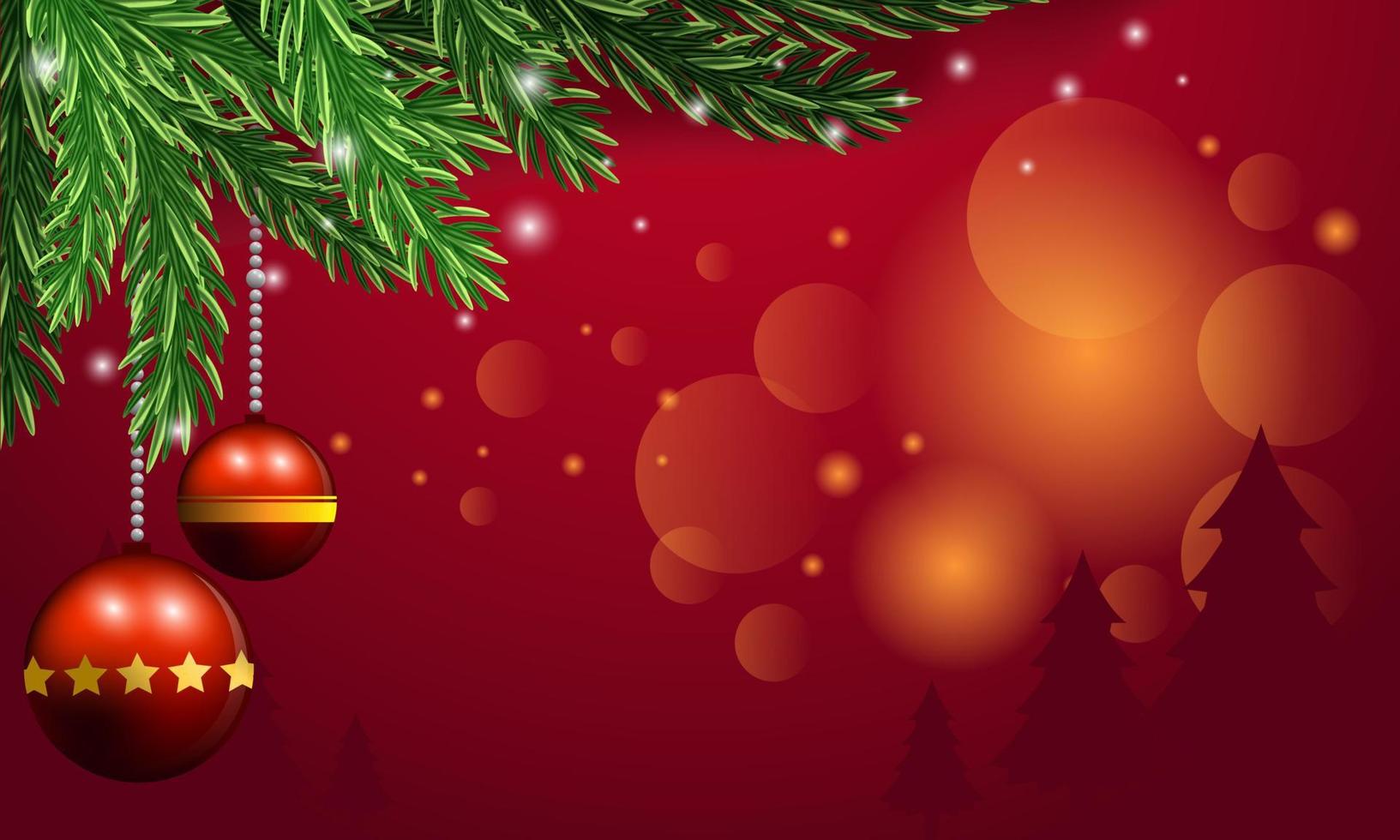 Red Christmas background with pine leaves, dwarfs, bells and stars on a red scene. vector