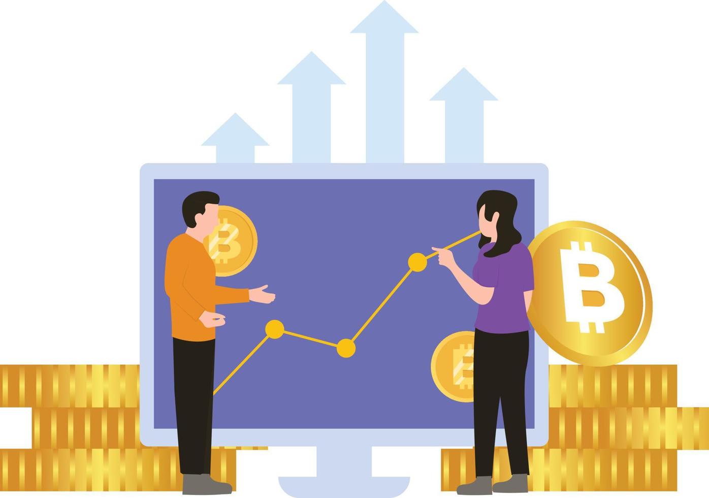 Boy and girl working on bitcoin chart. vector