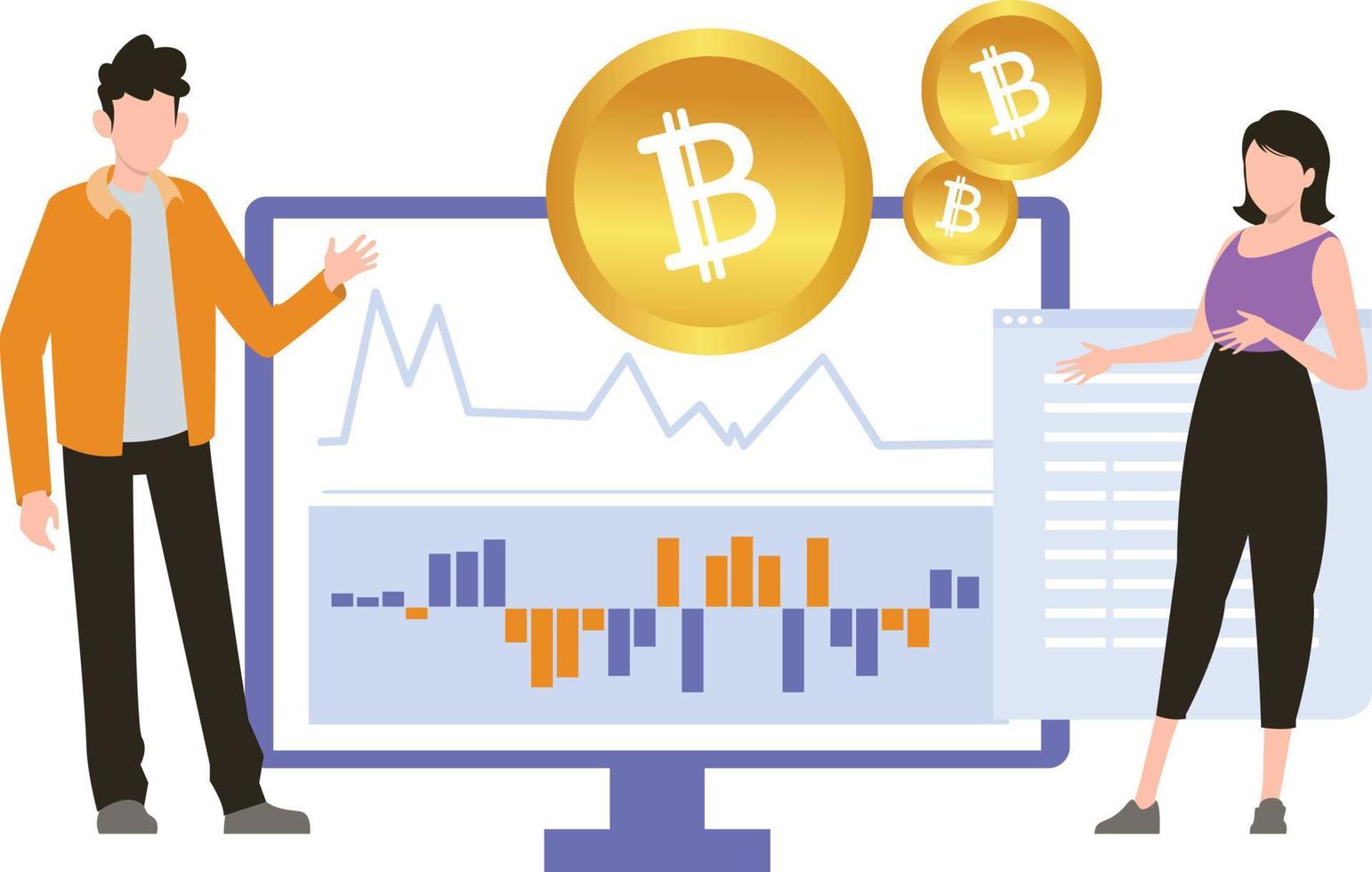 el niño y la niña trabajando en el gráfico de bitcoin. vector