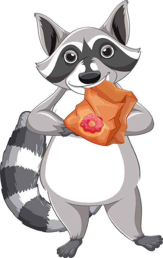 Raccoon holding bag of donut vector