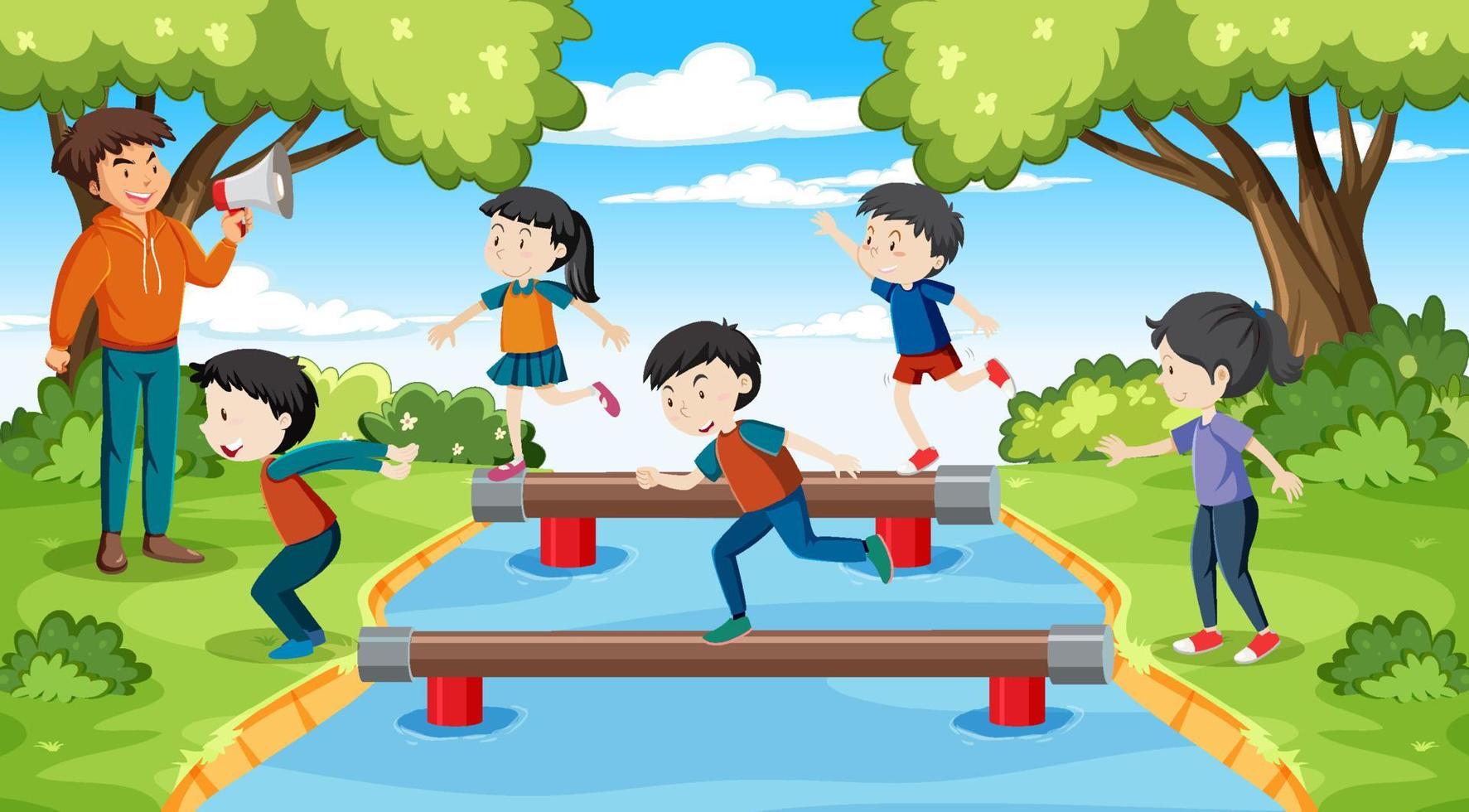 niños balanceándose en una viga en el parque vector