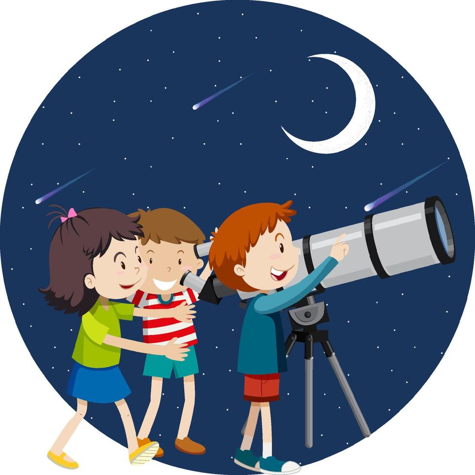 Happy kids observe night sky with telescope vector