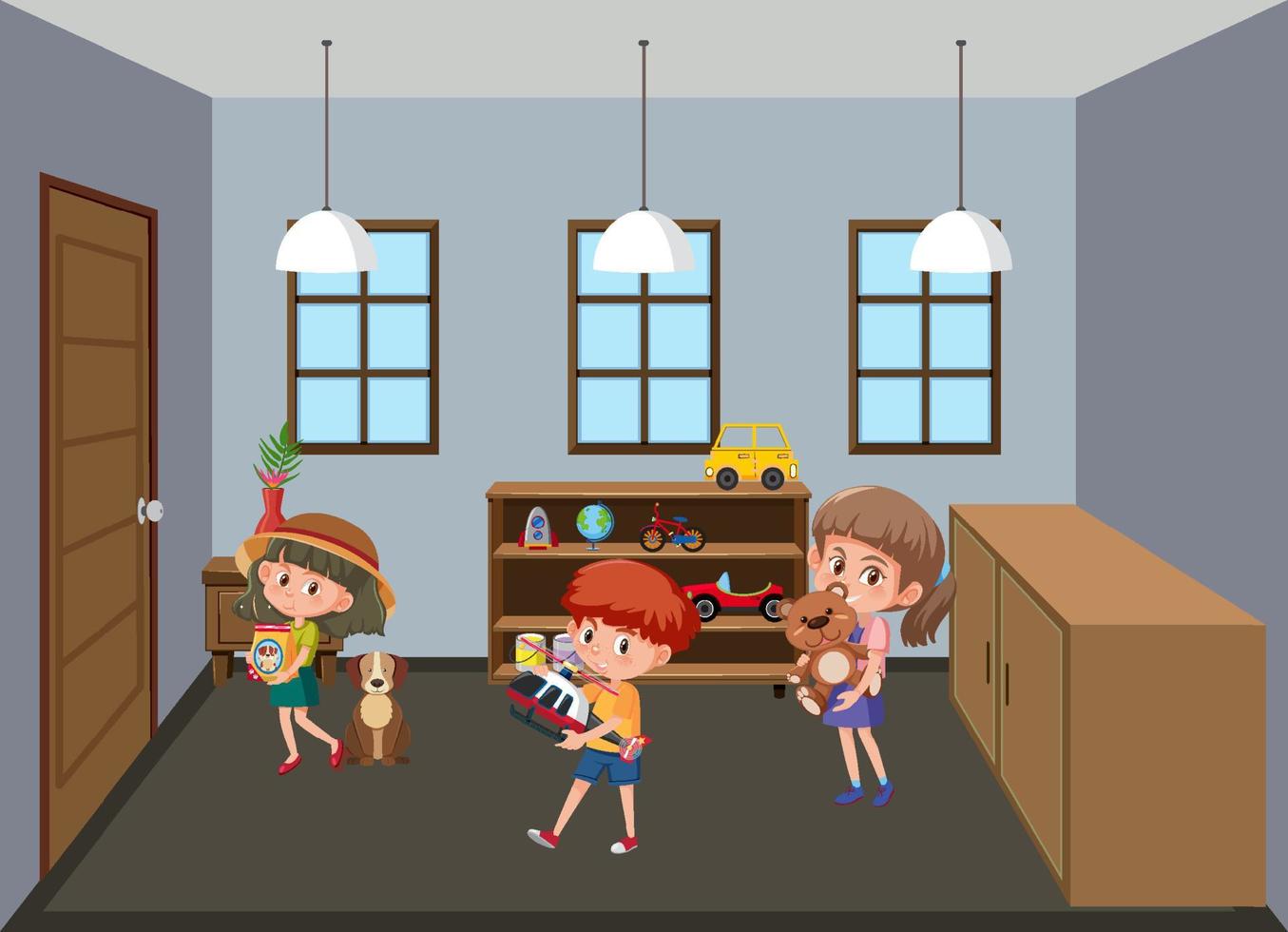 Children holding their toys in the room scene vector