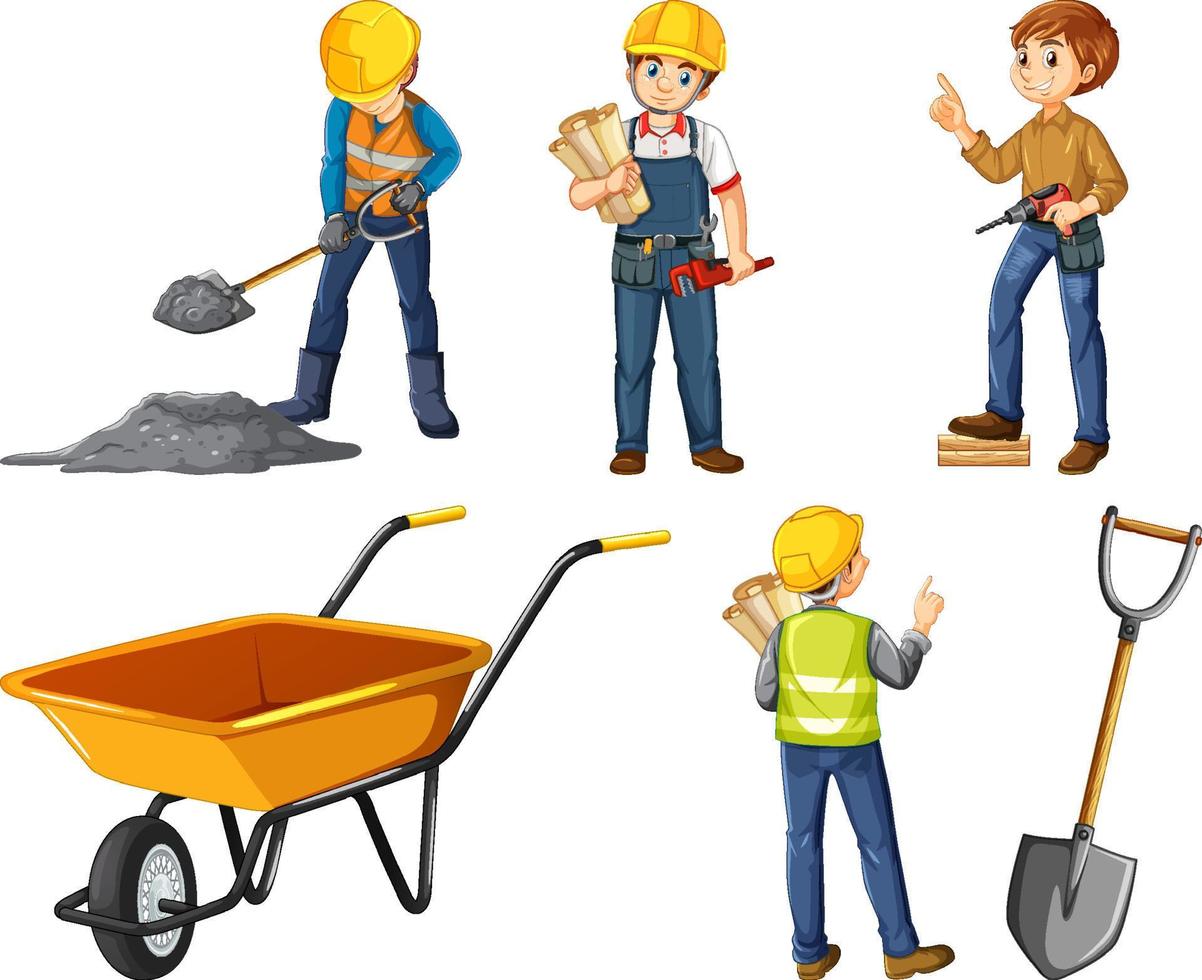 Construction worker set with man doing different jobs vector