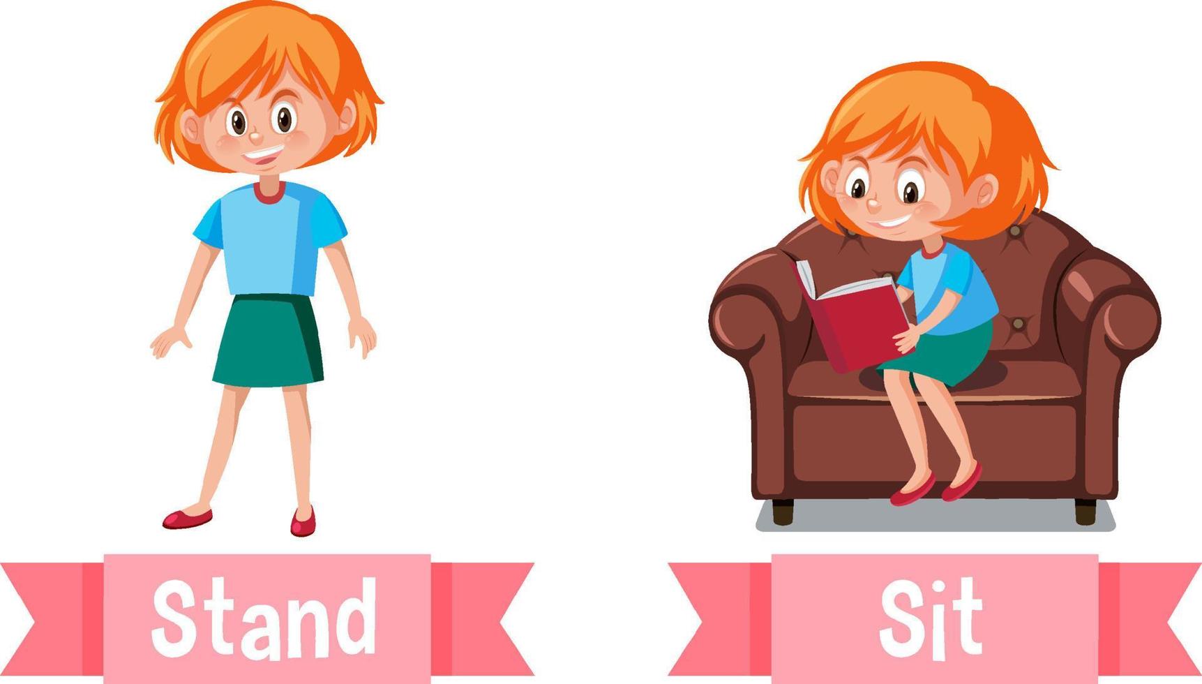 Opposite English Words stand and sit 7204755 Vector Art at Vecteezy