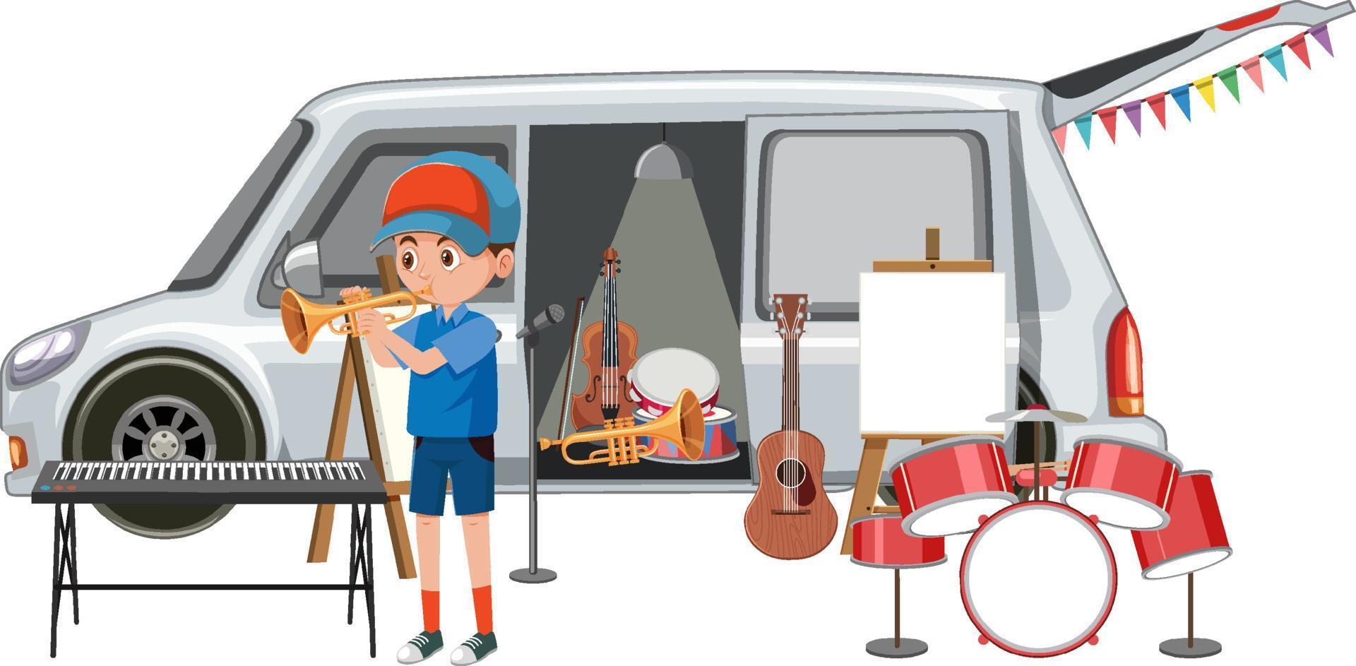 Boy playing trumpet by the van vector