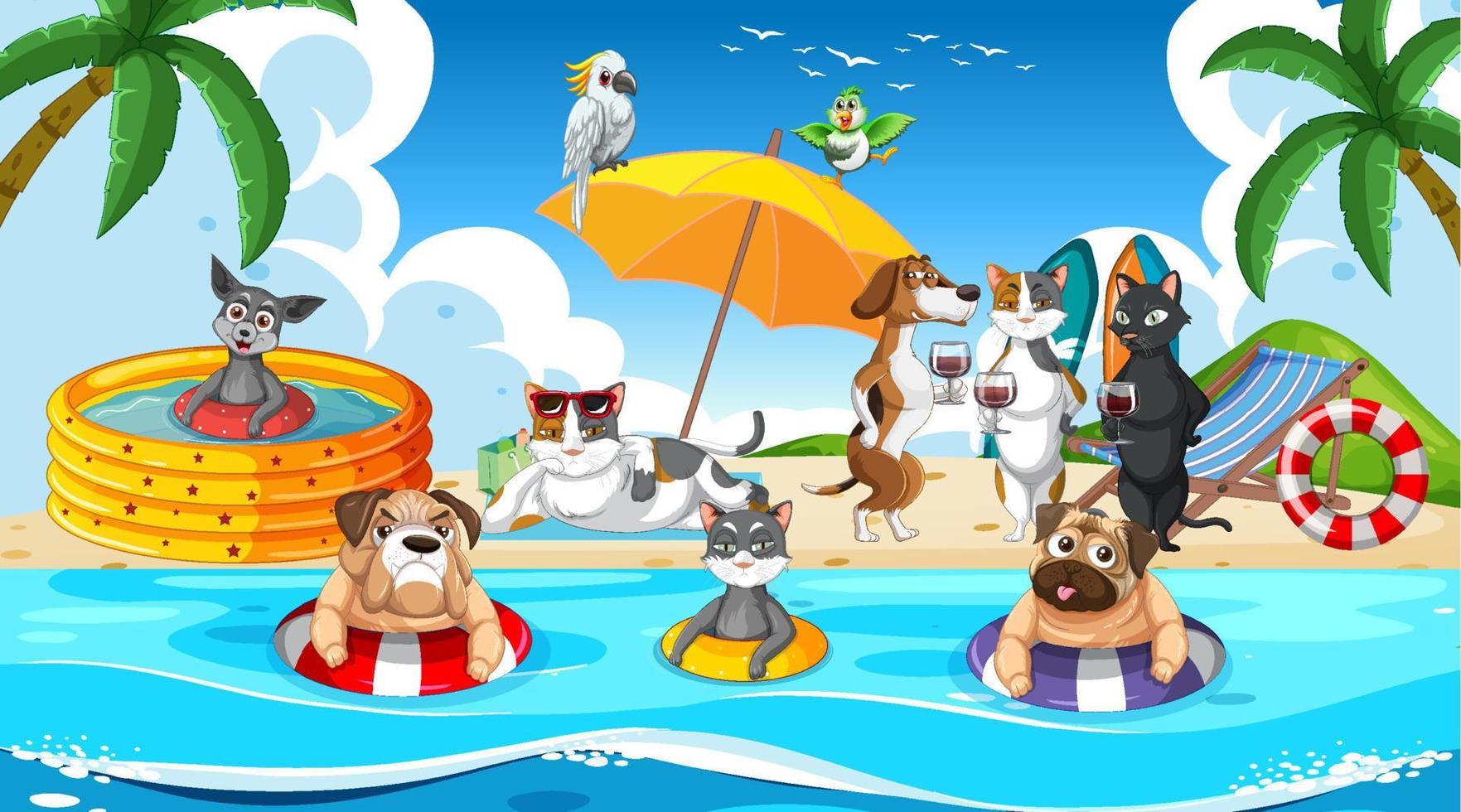 A group of different pet do various activities on the beach vector