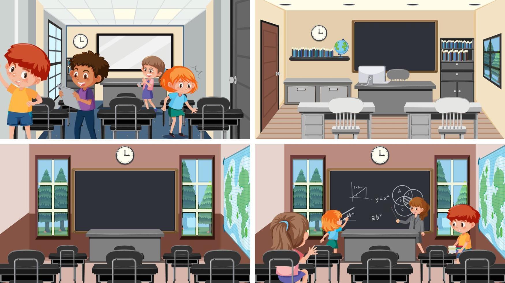 Set of student in the classroom scene vector