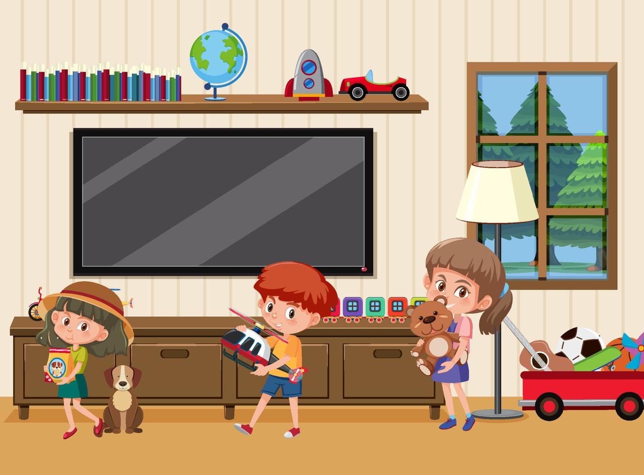 Living room scene with children cartoon character vector