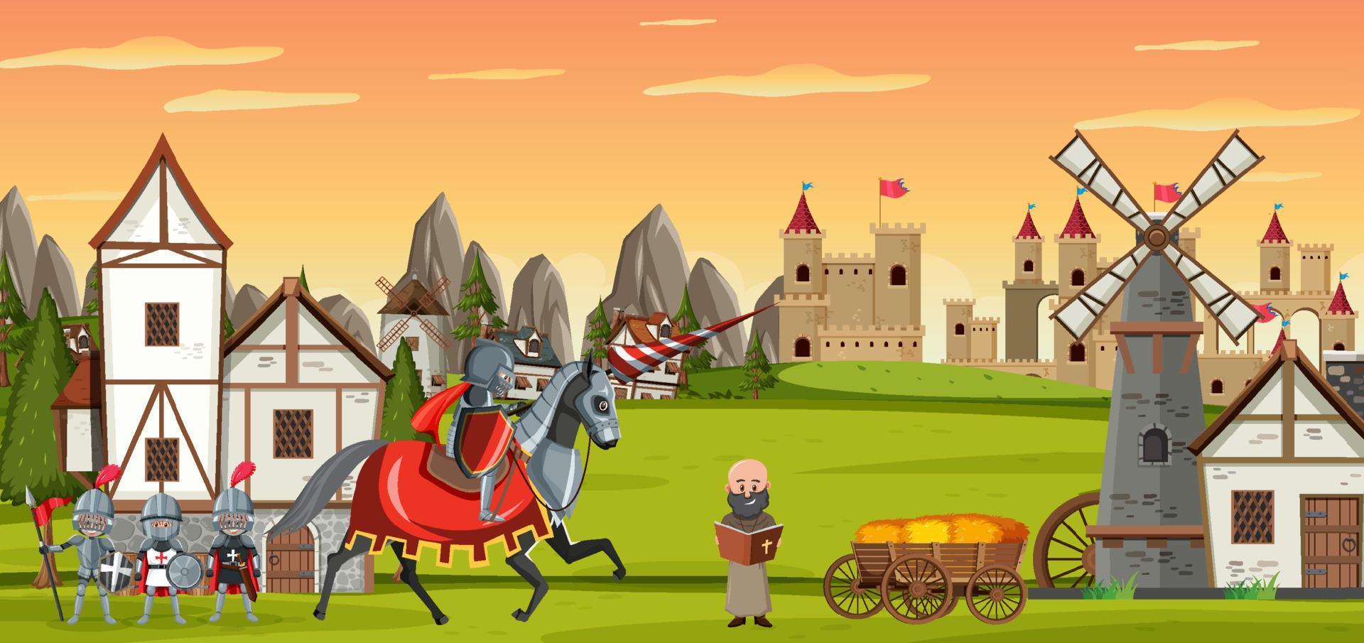 Medieval town scene with villagers and castle vector