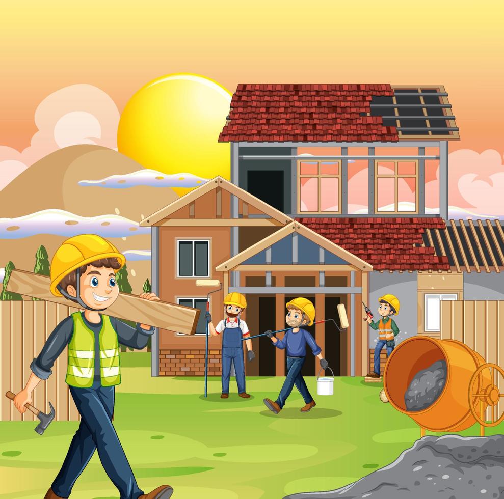 Building construction site with workers vector