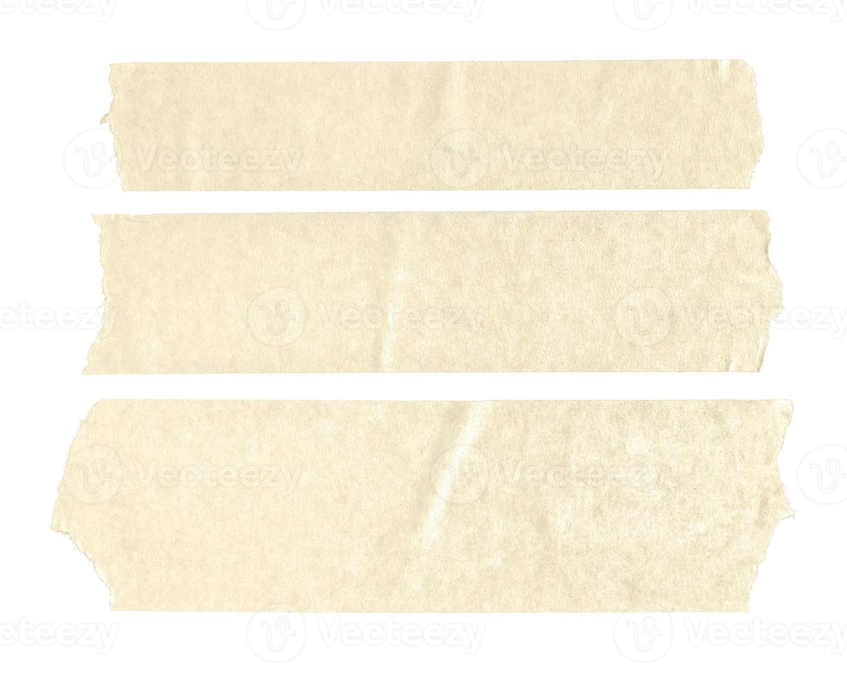 Set of three beige blank paper tape stickers isolated on white background. Template mock up photo
