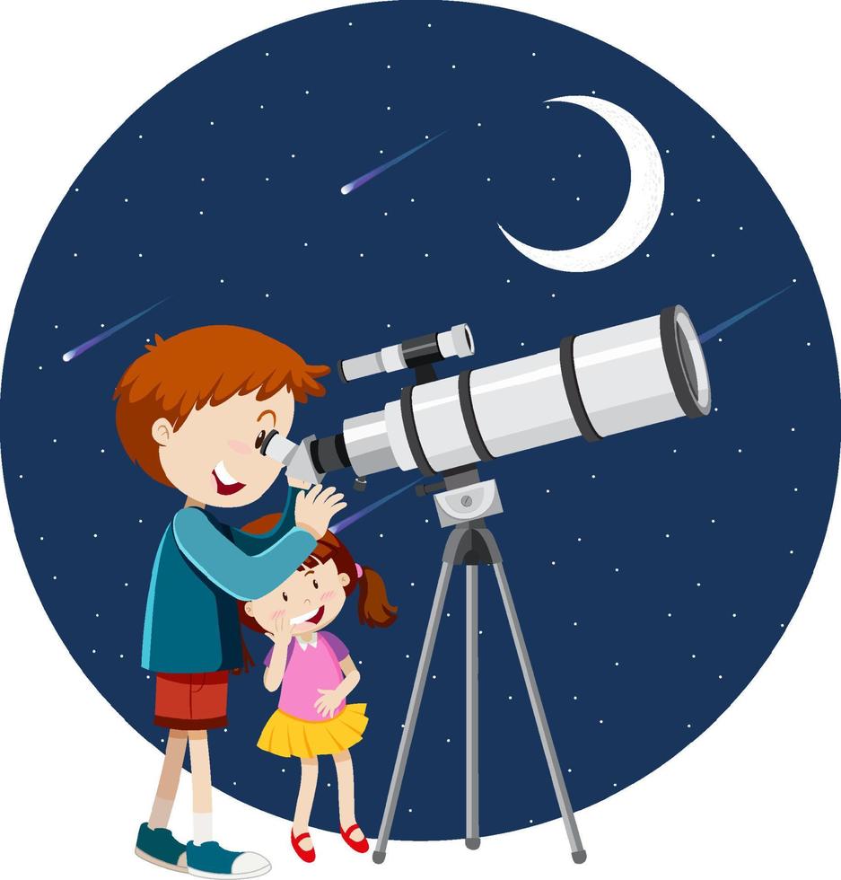 A boy looking through telescope at night vector