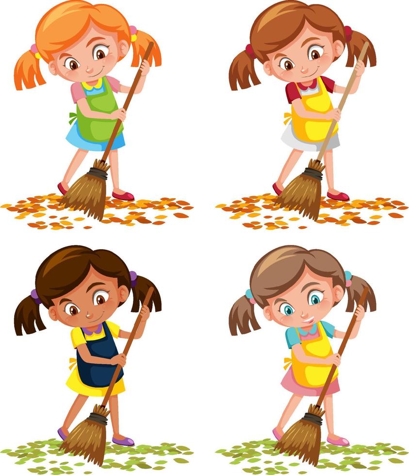 Girl sweep the leaves on the floor vector