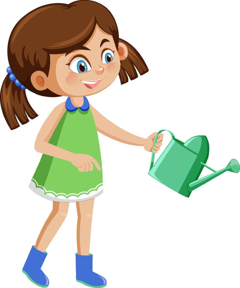 una chica con vestido verde sosteniendo una regadera vector