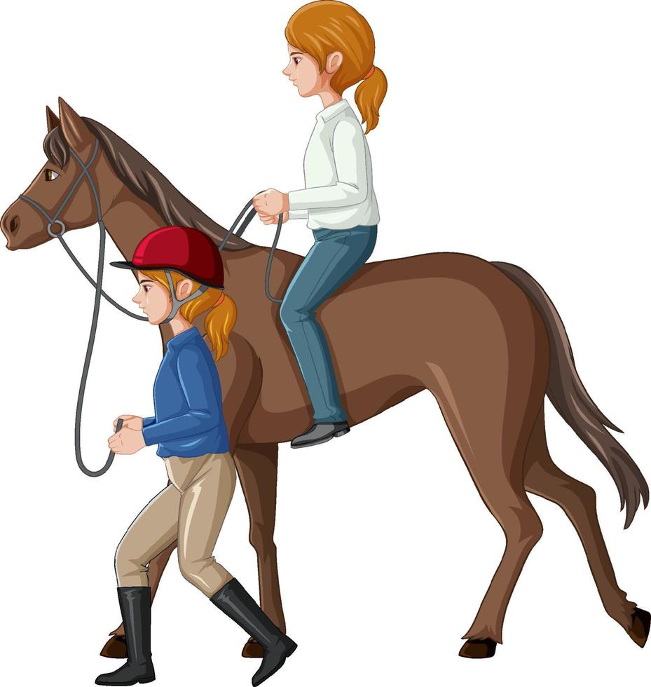una niña montada en un caballo con hostler sobre fondo blanco vector