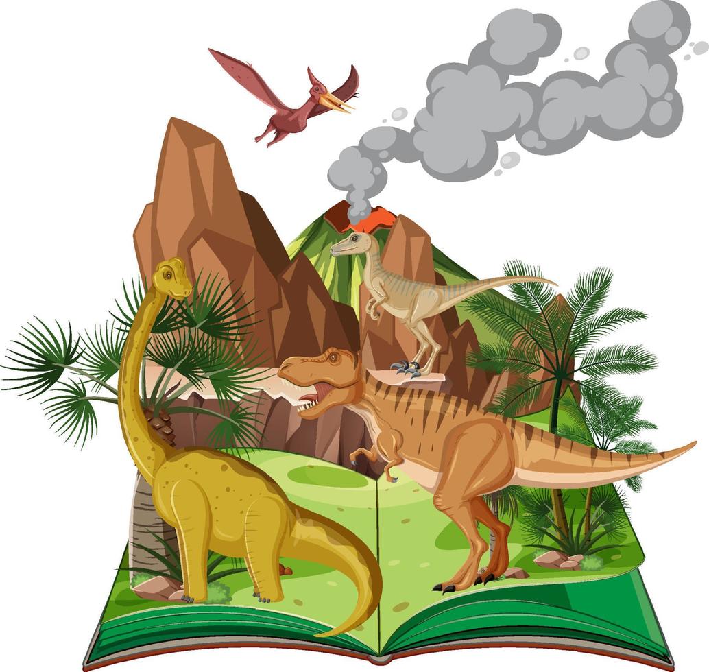 escena con muchos dinosaurios en el bosque vector