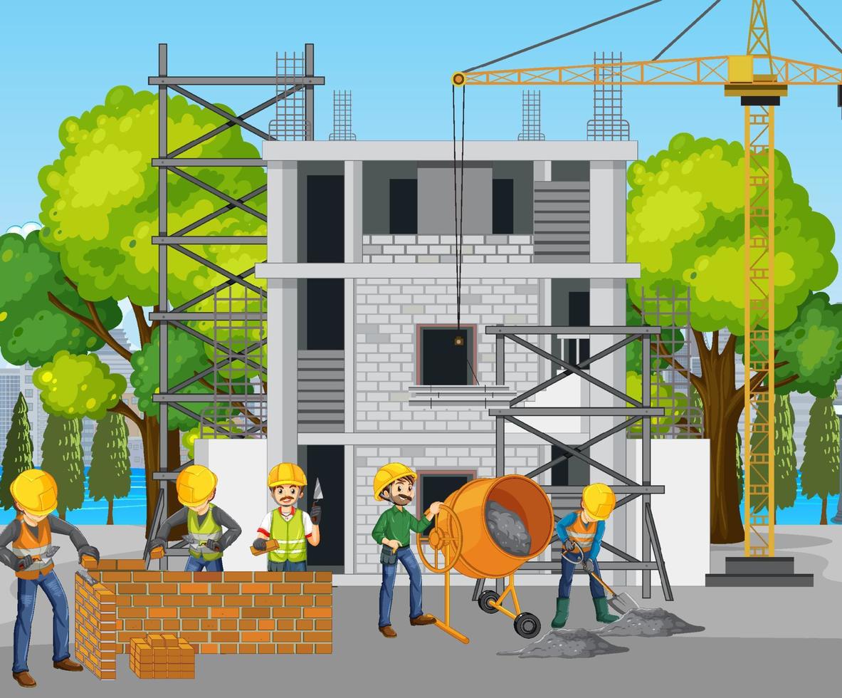 sitio de construcción con trabajadores vector