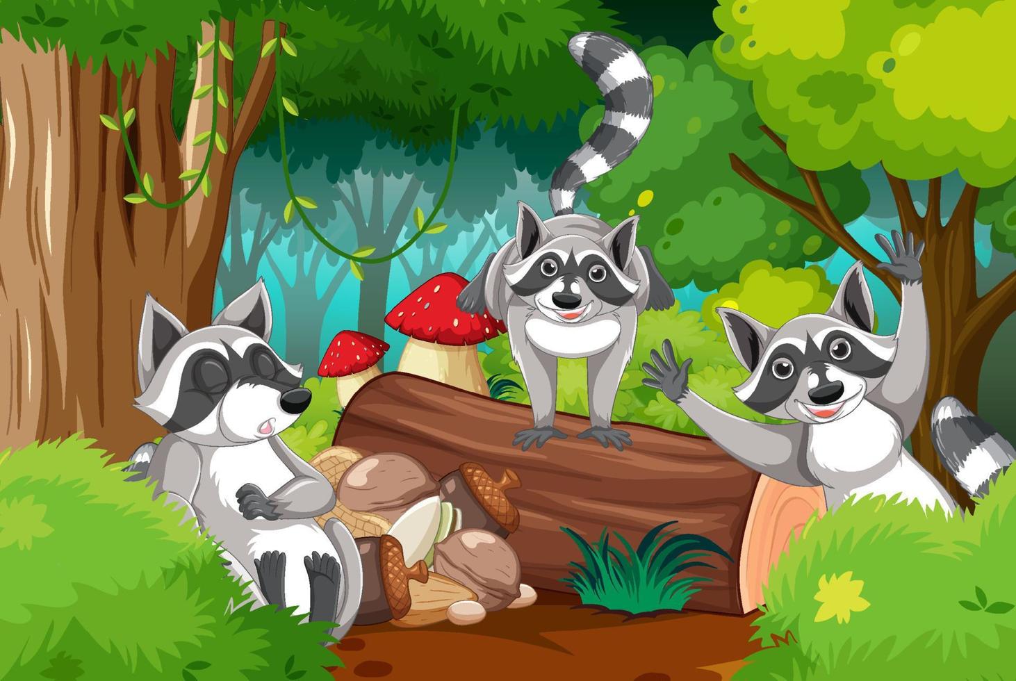 Forest scene wtih three raccoons on the log vector