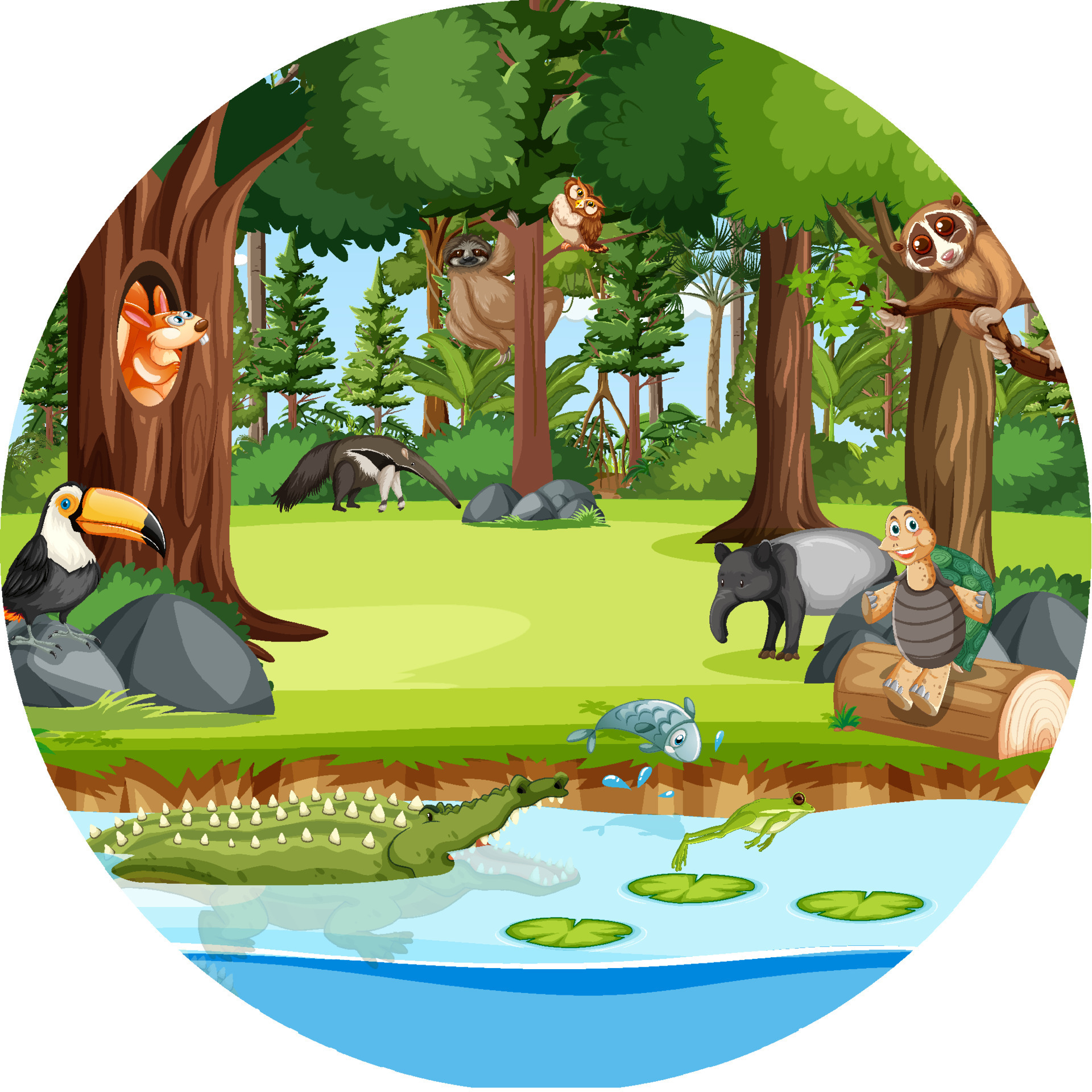 Forest in round shape with wild animals 7205354 Vector Art at Vecteezy