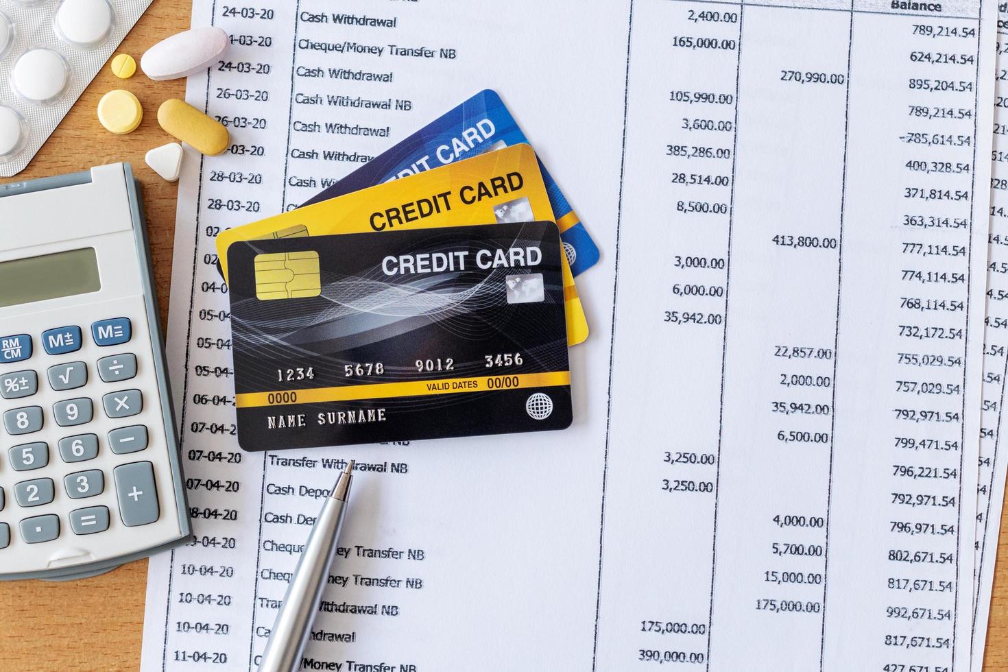 Medicine and calculator on Bank statement and credit card on a Wooden table photo