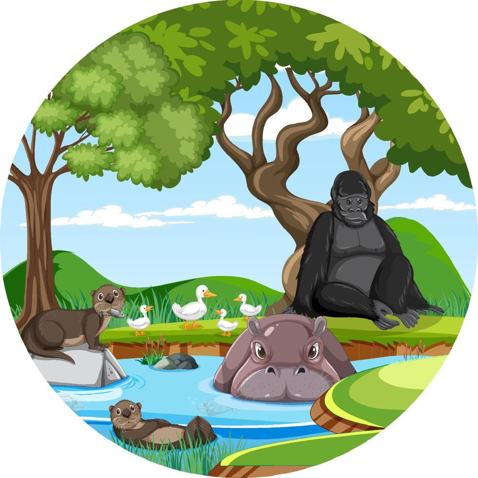 Forest in round shape with wild animals vector